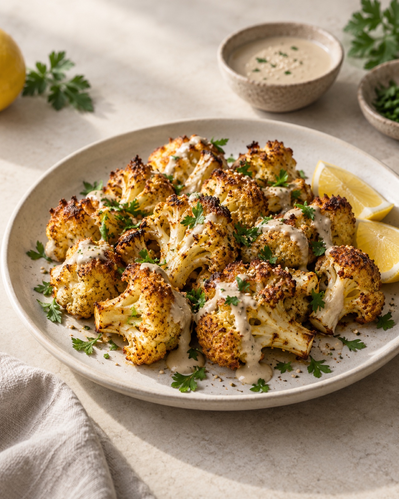 Golden air fryer cauliflower with tahini and lemon