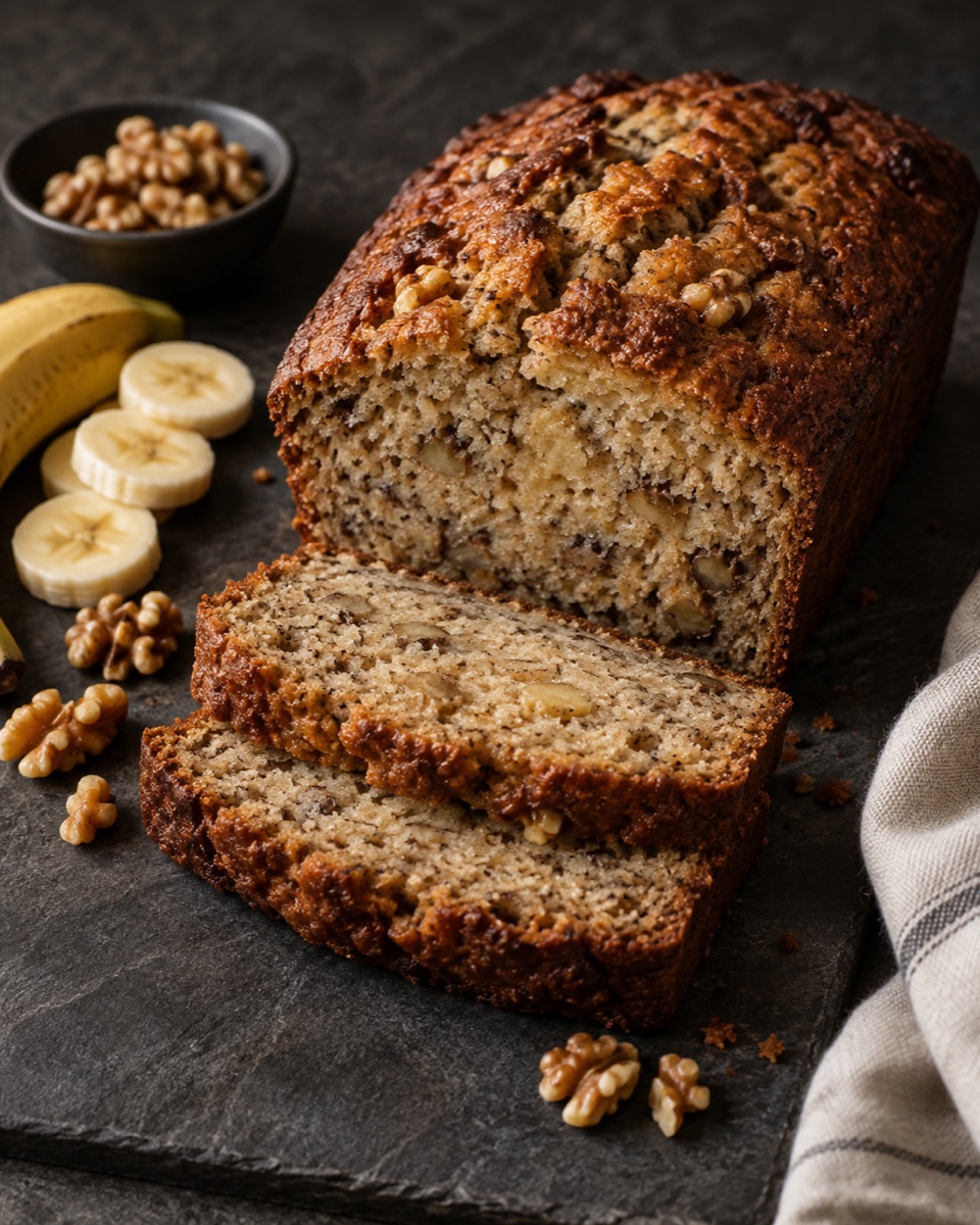Sliced gluten-free banana bread with walnuts