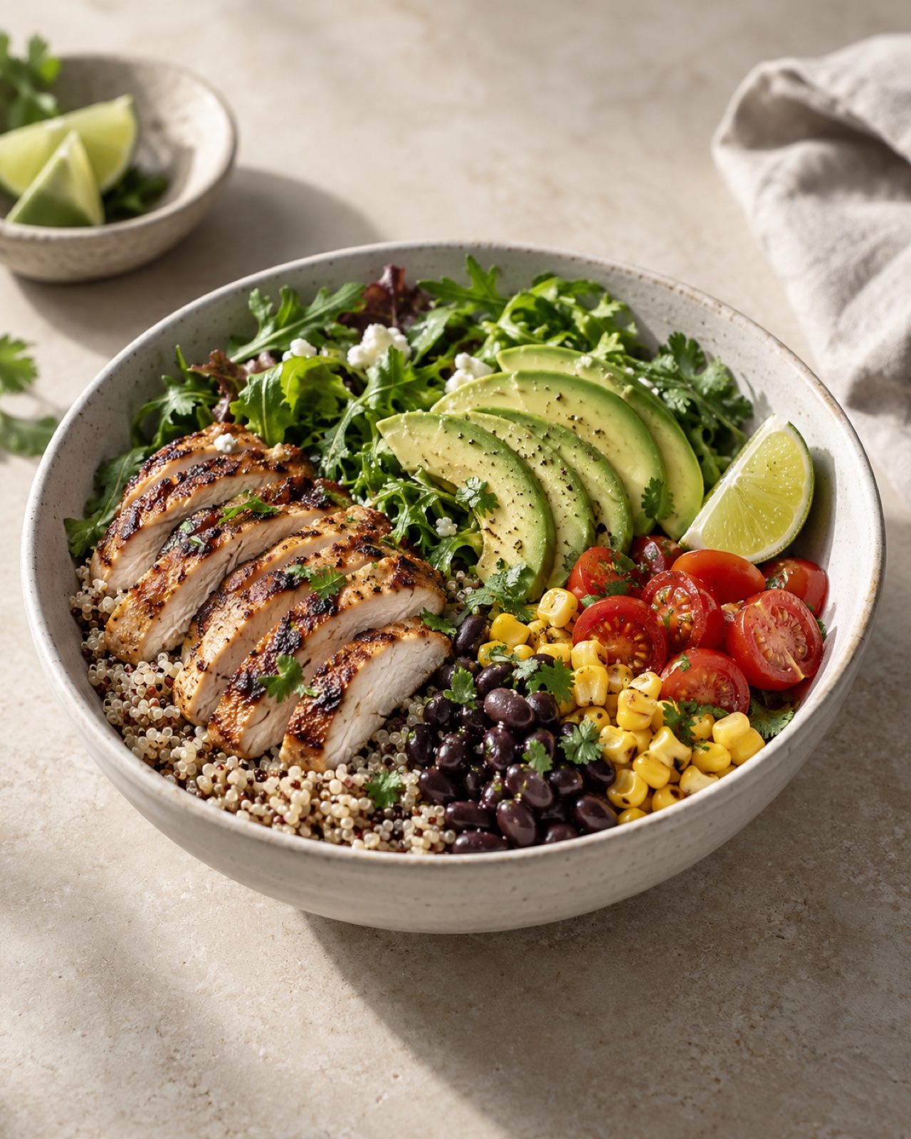 Chicken avocado power bowl with quinoa and vegetables