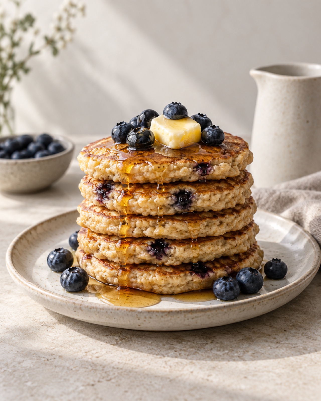 Stack of dairy-free oat pancakes with blueberries and maple syrup