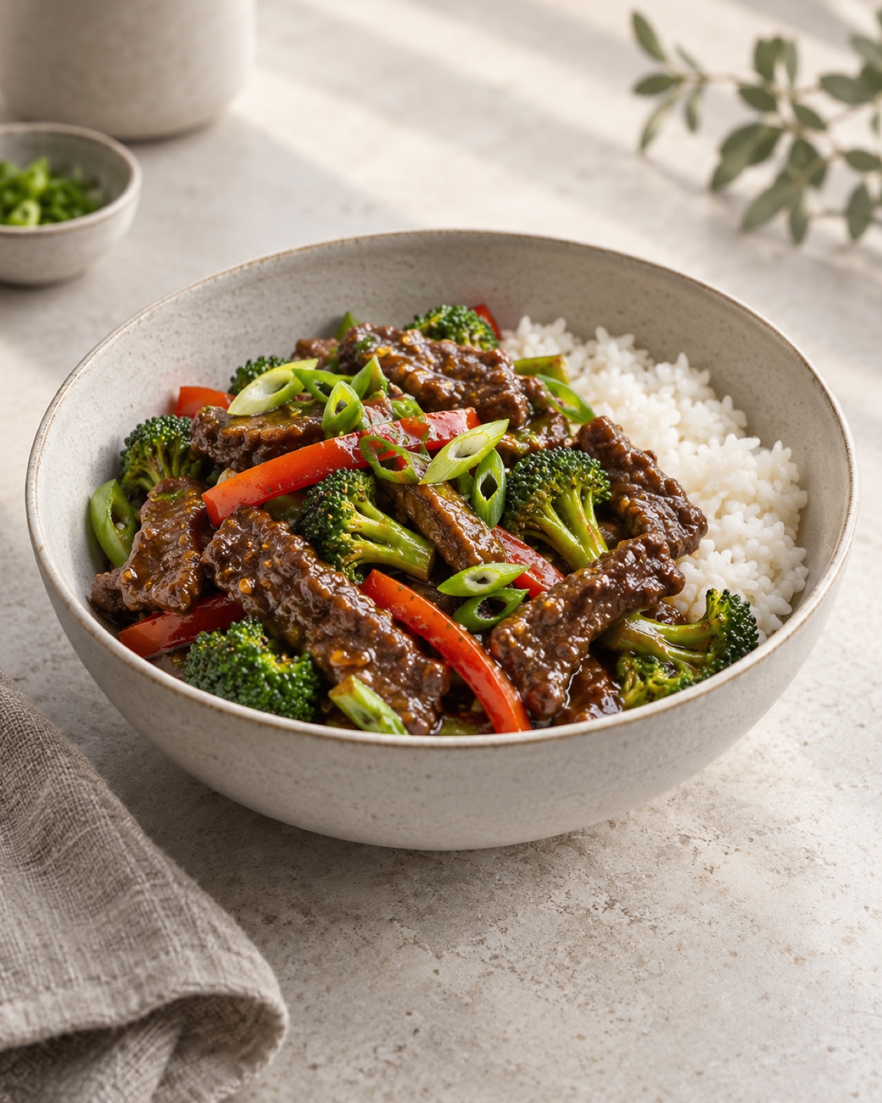 Gluten-free beef stir-fry with broccoli and red pepper