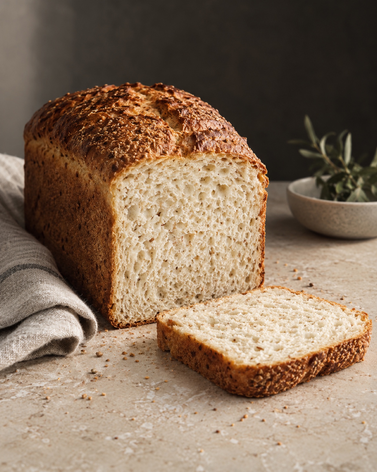 Homemade gluten-free sandwich bread with one slice cut