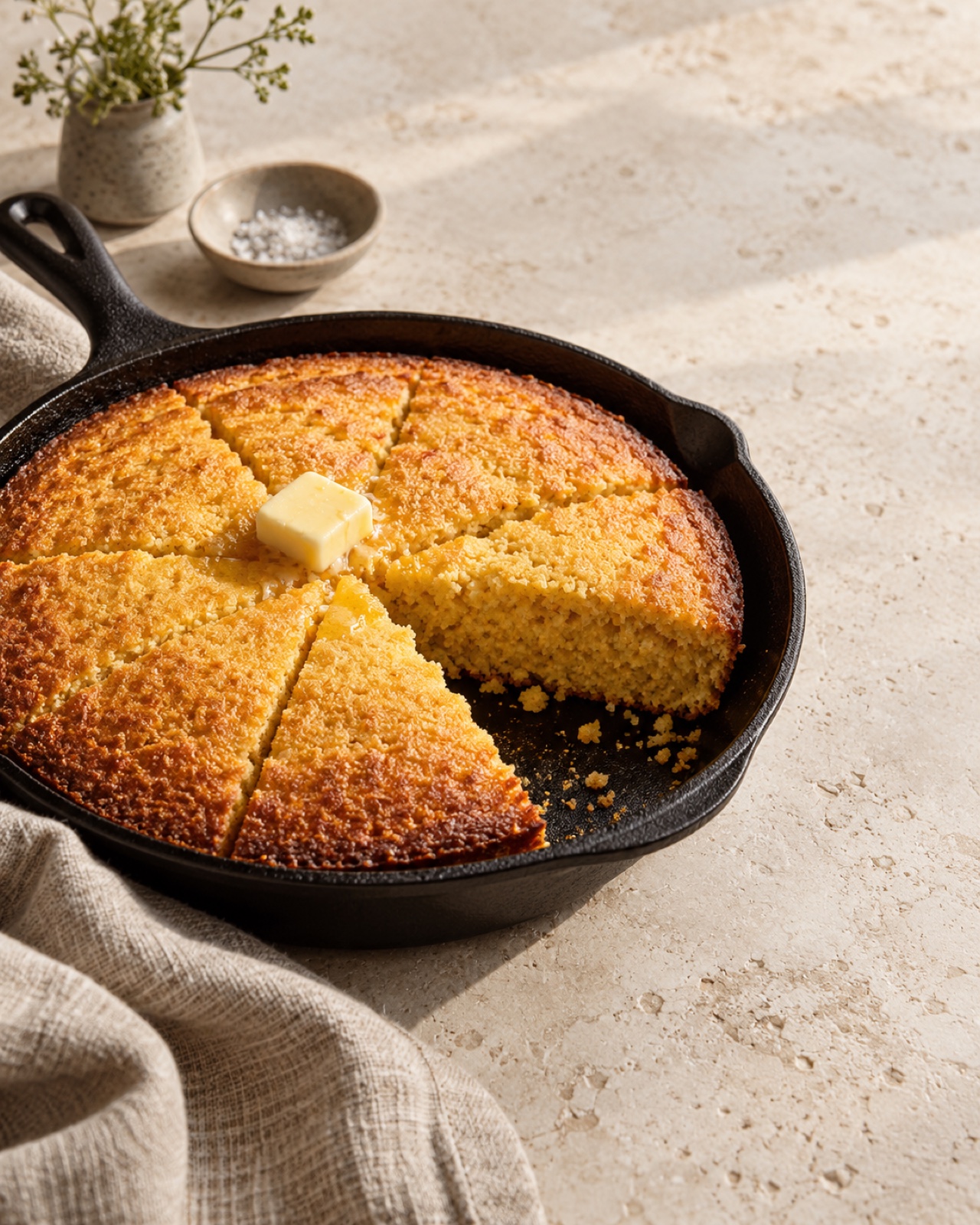 Golden gluten-free skillet cornbread cut into wedges