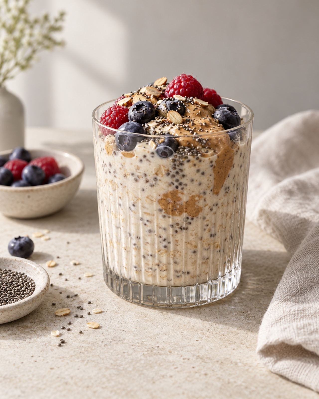 High-protein overnight oats with berries and almond butter
