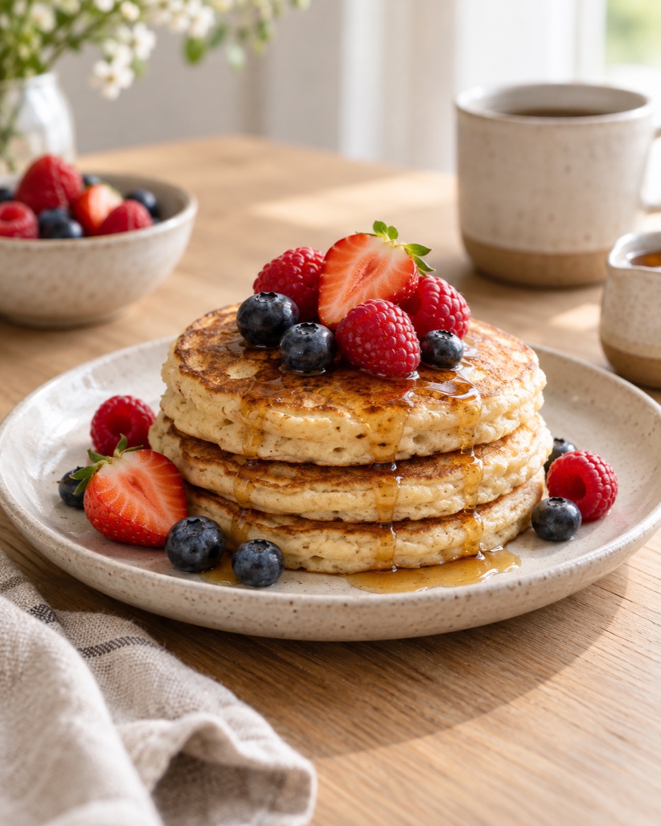 Stack of gluten-free pancakes with berries