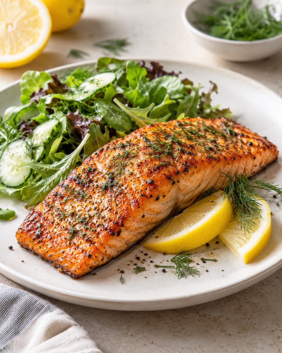 Crisp salmon with lemon and a green salad