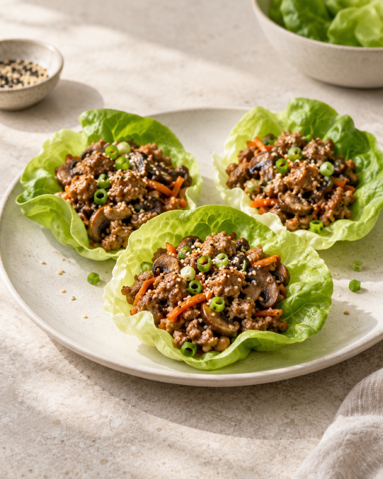 Turkey lettuce wraps with vegetables and scallions